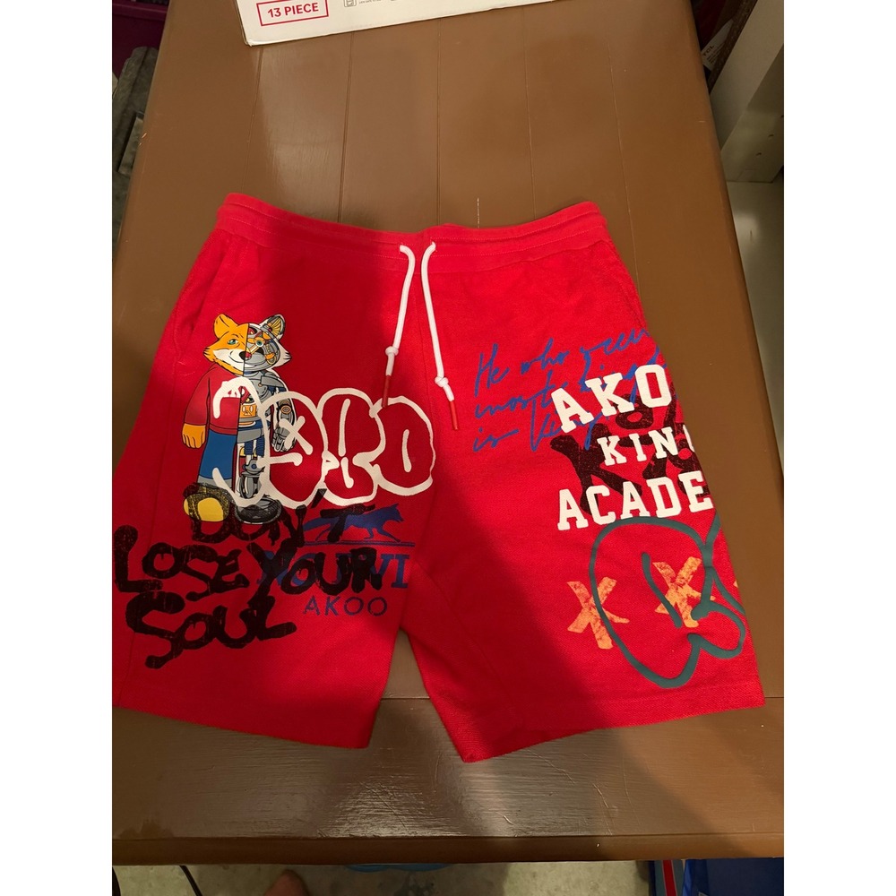 AKOO Mens Red Graphic Sweat Shorts King Academy Fox Graffiti Streetwear Large